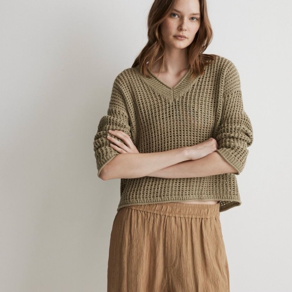 Madewell Open Stitch V-Neck Green Sweater Size Small